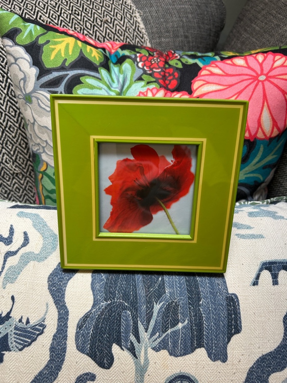 Vintage Lime Green Square Frame with Red Floral Image